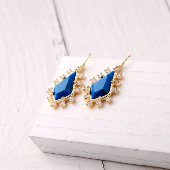 Blue Faceted Rhinestone Crystal Gold Statement Hook Dangle Earrings - Picture 3 of 6